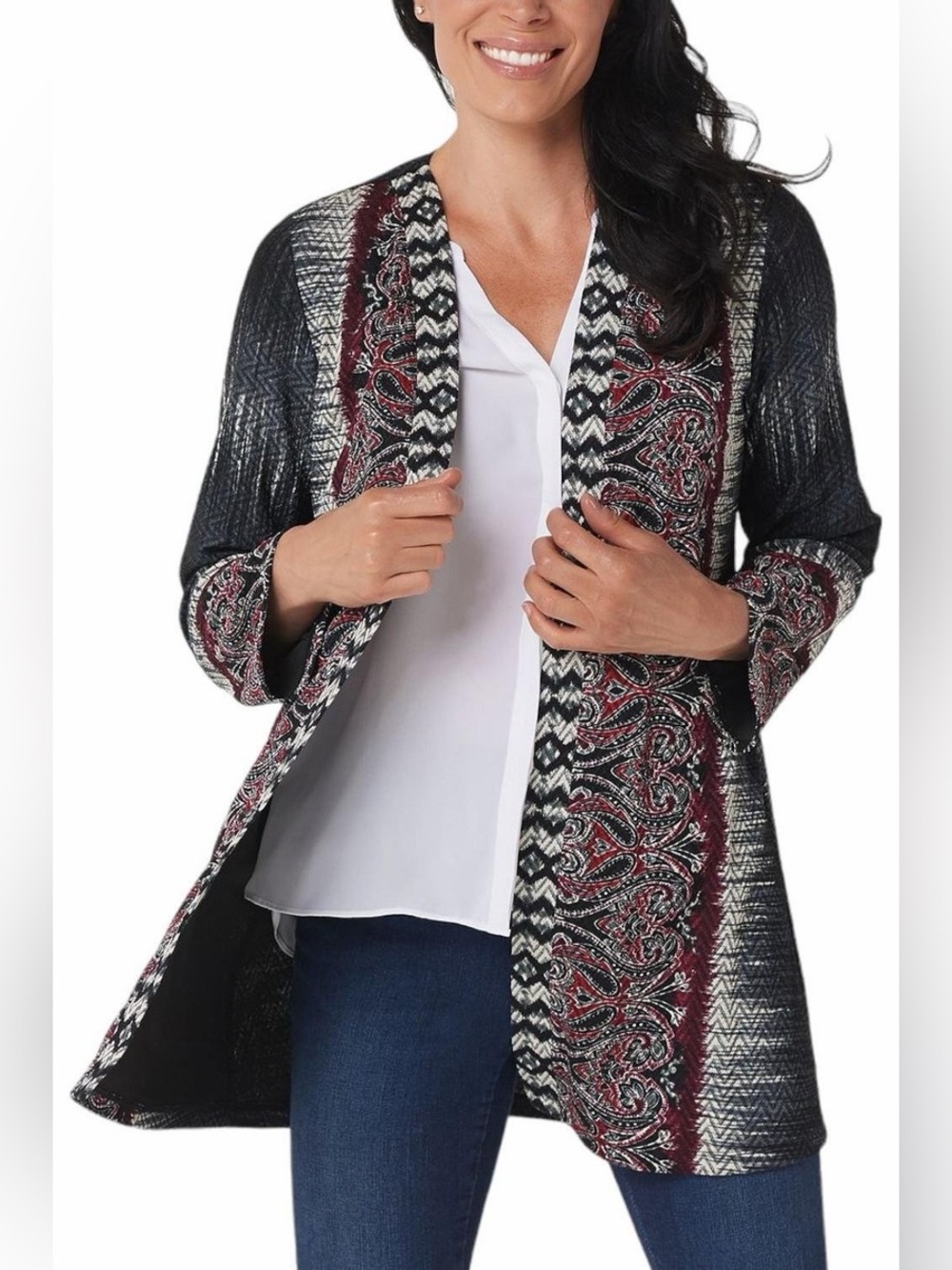 Susan Graver Printed Novelty Knit Cardigan Red/Grey 1X Boho Artistic‎ Resortwear